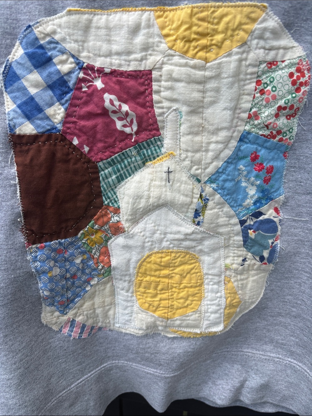 Gray Pullover Sweatshirt with Quilted Church Patchwork Detail/ - Picture 2 of 6